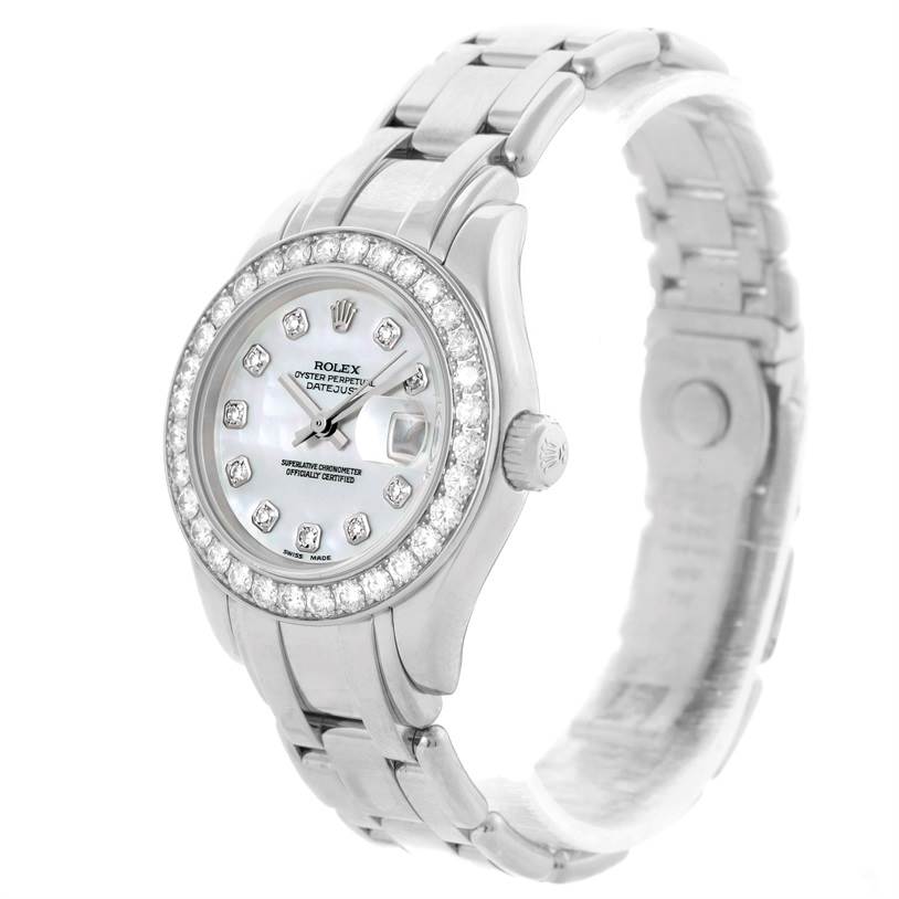 The image shows a Rolex Pearlmaster 80299 Women
s White Gold Mother of Pearl Dial 80299 Women
s White Gold Mother of Pearl Dial watch from a front angle, featuring its dial, bezel, and bracelet.