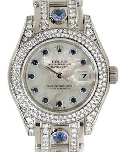 The image shows a front view of a Rolex Pearlmaster 80359 Women's White Gold Mother of Pearl Dial 80359 Women's White Gold Mother of Pearl Dial watch displaying its face, bezel, and part of the strap.