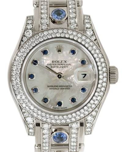 The image shows a front view of a Rolex Pearlmaster watch displaying its face, bezel, and part of the strap.