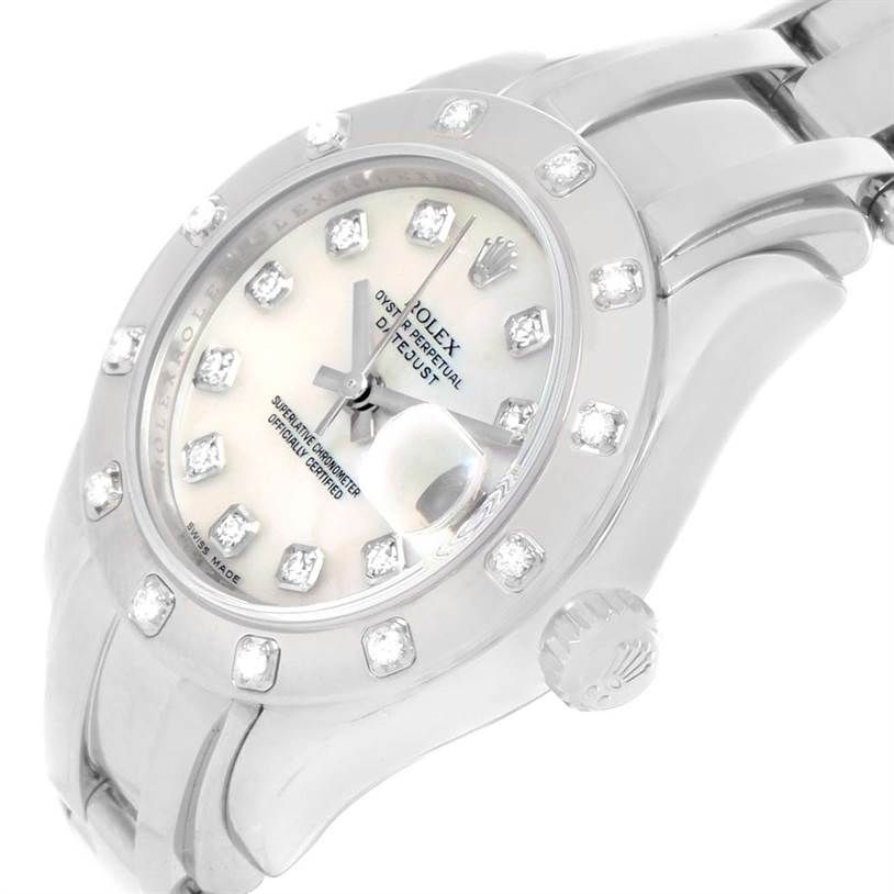 The image shows a close-up angle of a Rolex Pearlmaster 80319 Women's White Gold Mother of Pearl Dial 80319 Women's White Gold Mother of Pearl Dial watch face and part of the band, highlighting the dial and crown.