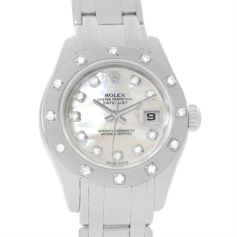 The image shows a front view of a Rolex Pearlmaster 80319 Women's White Gold Mother of Pearl Dial 80319 Women's White Gold Mother of Pearl Dial watch, showcasing its dial, bezel, and part of the bracelet.
