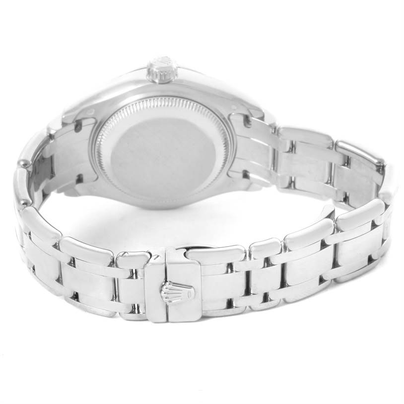 This image shows the back view of a Rolex Pearlmaster 80319 Women's White Gold Mother of Pearl Dial 80319 Women's White Gold Mother of Pearl Dial watch, highlighting its bracelet and clasp.