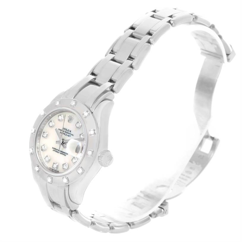 The angle shows the front and side view of a Rolex Pearlmaster 80319 Women's White Gold Mother of Pearl Dial 80319 Women's White Gold Mother of Pearl Dial model, highlighting its bezel, bracelet, and clasp.
