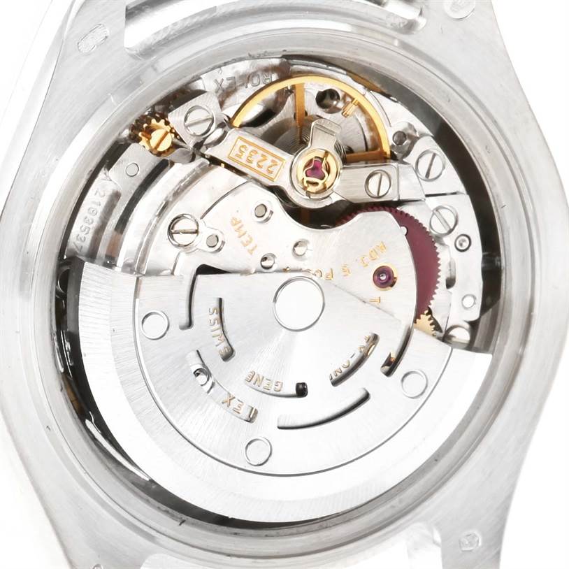This image shows the internal mechanism of a Rolex Pearlmaster 80319 Women's White Gold Mother of Pearl Dial 80319 Women's White Gold Mother of Pearl Dial watch, viewed from the back side.