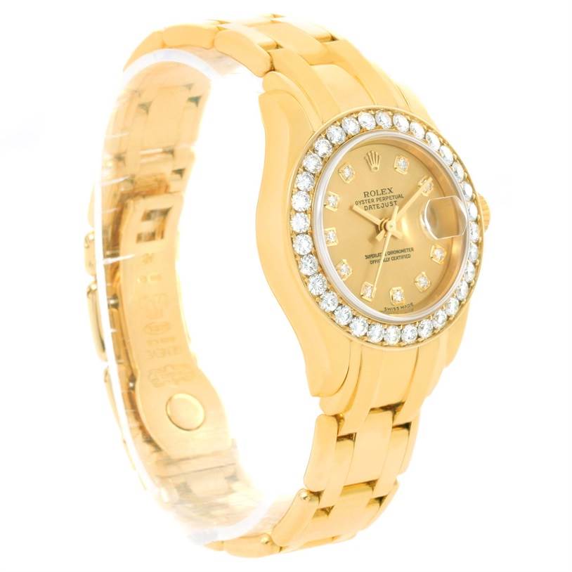 The image shows a Rolex Pearlmaster 80298 Women's Yellow Gold Champagne Dial 80298 Women's Yellow Gold Champagne Dial watch at a three-quarter angle, highlighting the gold band, diamond bezel, and face.