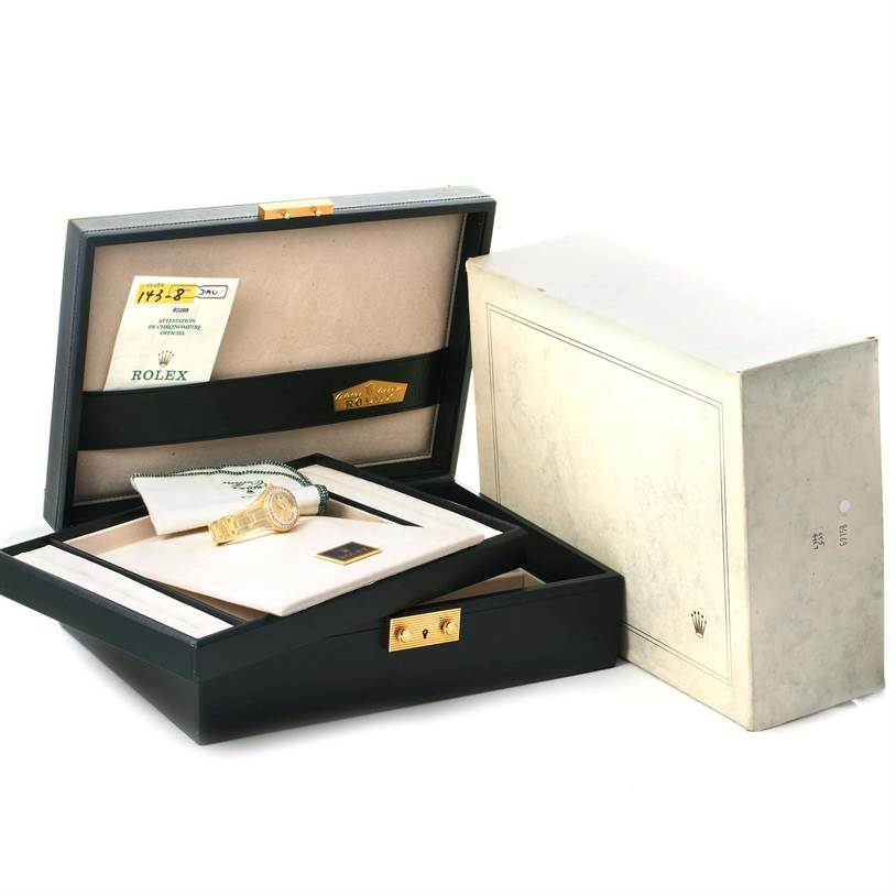 The image shows a Rolex Pearlmaster 80298 Women's Yellow Gold Champagne Dial 80298 Women's Yellow Gold Champagne Dial watch in its open box, with documentation and packaging.