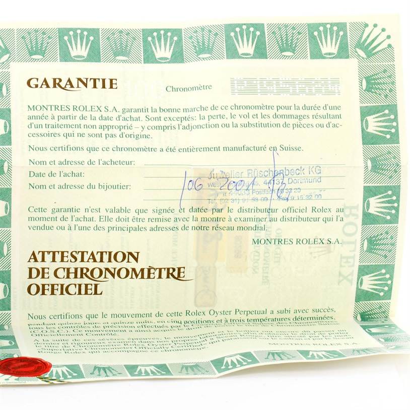 The image shows a certificate of guarantee and chronometer attestation for a Rolex Pearlmaster 80298 Women's Yellow Gold Champagne Dial 80298 Women's Yellow Gold Champagne Dial watch.