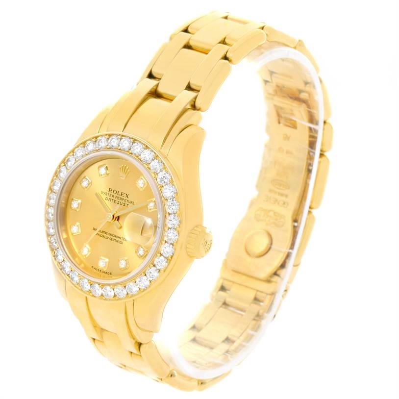 This image shows a Rolex Pearlmaster 80298 Women's Yellow Gold Champagne Dial 80298 Women's Yellow Gold Champagne Dial watch at an angle displaying the face, band, and diamond-encrusted bezel.