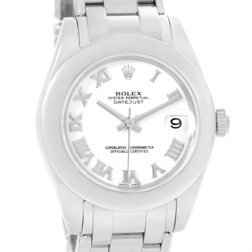 This image shows a front view of the Rolex Pearlmaster 81209 Women's White Gold White Dial 81209 Women's White Gold White Dial watch, highlighting the dial, hands, Roman numerals, bracelet, and crown.