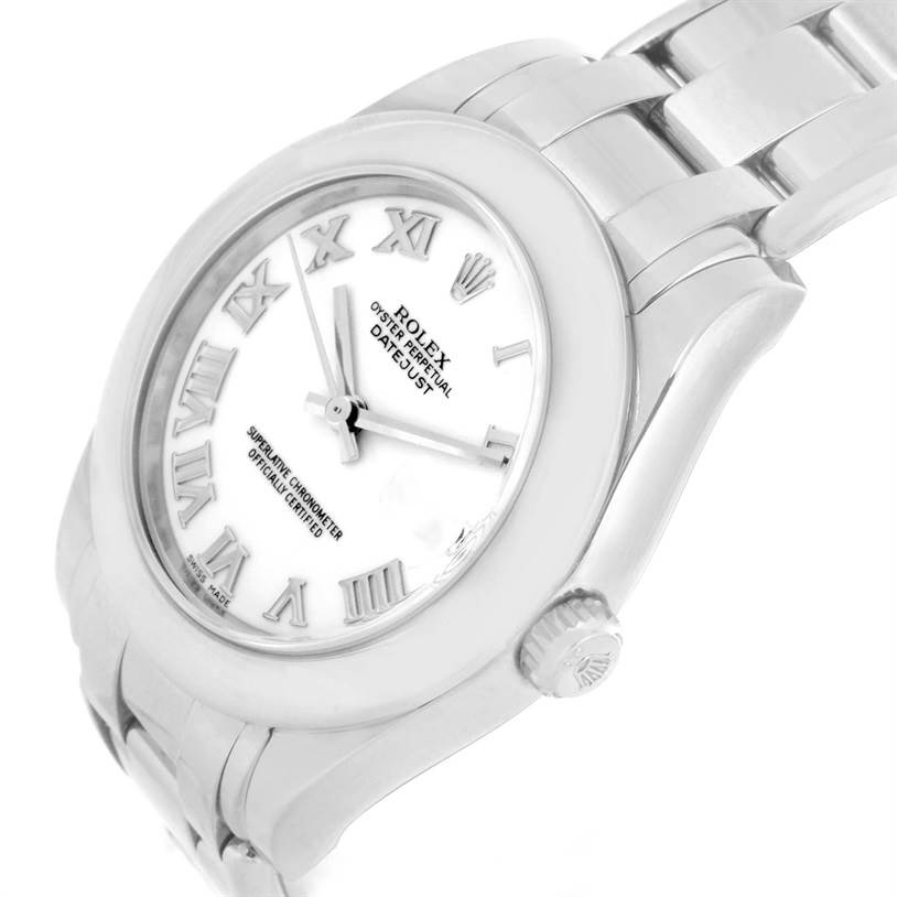 This is a Pearlmaster model by Rolex shown at a slight angle, featuring the watch face, bezel, crown, and part of the bracelet.