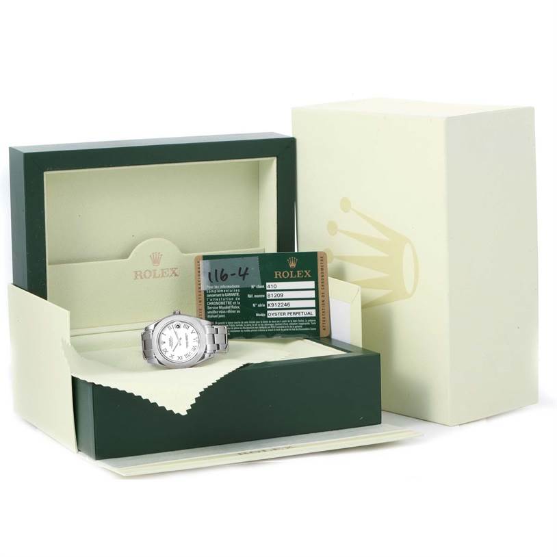 The image shows a Rolex Pearlmaster 81209 Women's White Gold White Dial 81209 Women's White Gold White Dial watch placed inside its open box alongside its certification card.