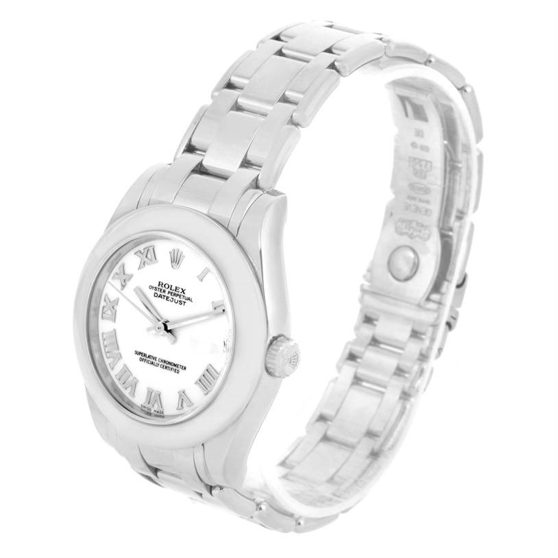 The Rolex Pearlmaster 81209 Women's White Gold White Dial 81209 Women's White Gold White Dial watch is shown at a slight side angle, revealing its face, crown, and partially open bracelet.