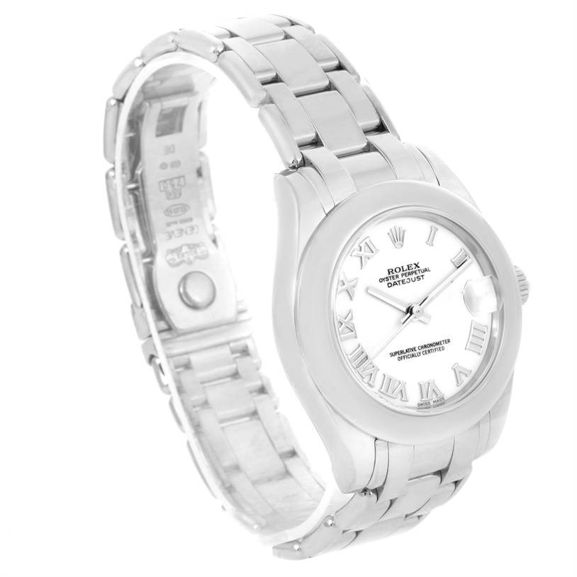 This image shows a Rolex Pearlmaster 81209 Women's White Gold White Dial 81209 Women's White Gold White Dial watch angled diagonally, displaying the face and bracelet clearly.