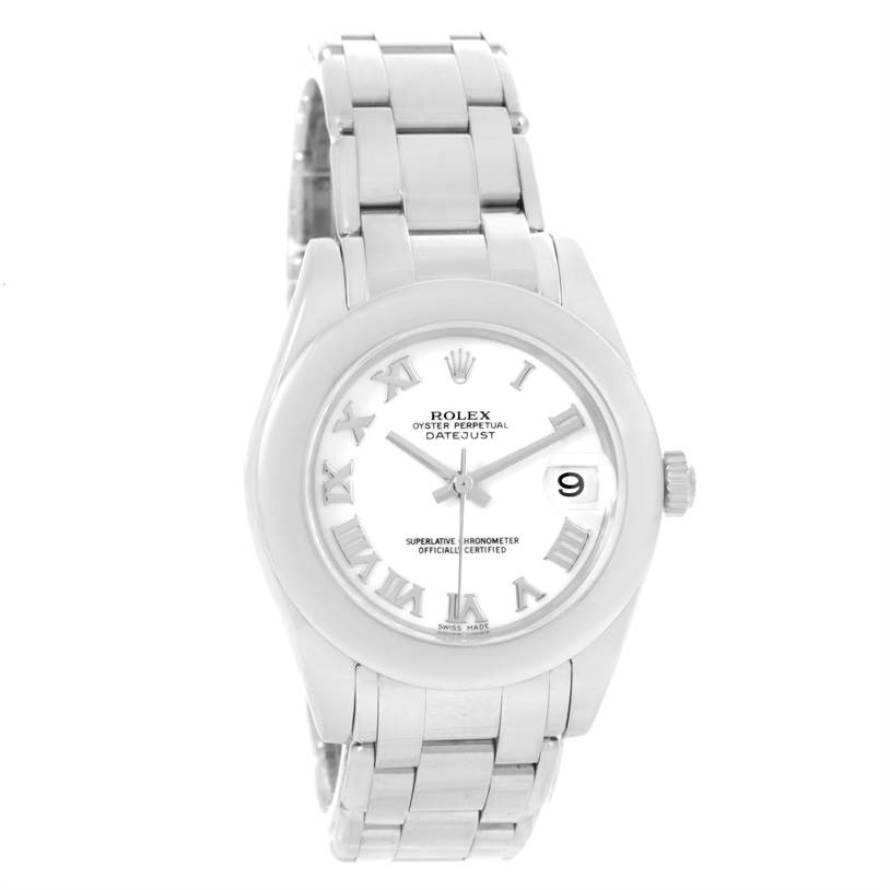 The Rolex Pearlmaster 81209 Women's White Gold White Dial 81209 Women's White Gold White Dial watch is shown from a front angle, displaying its full face, case, and part of the bracelet.