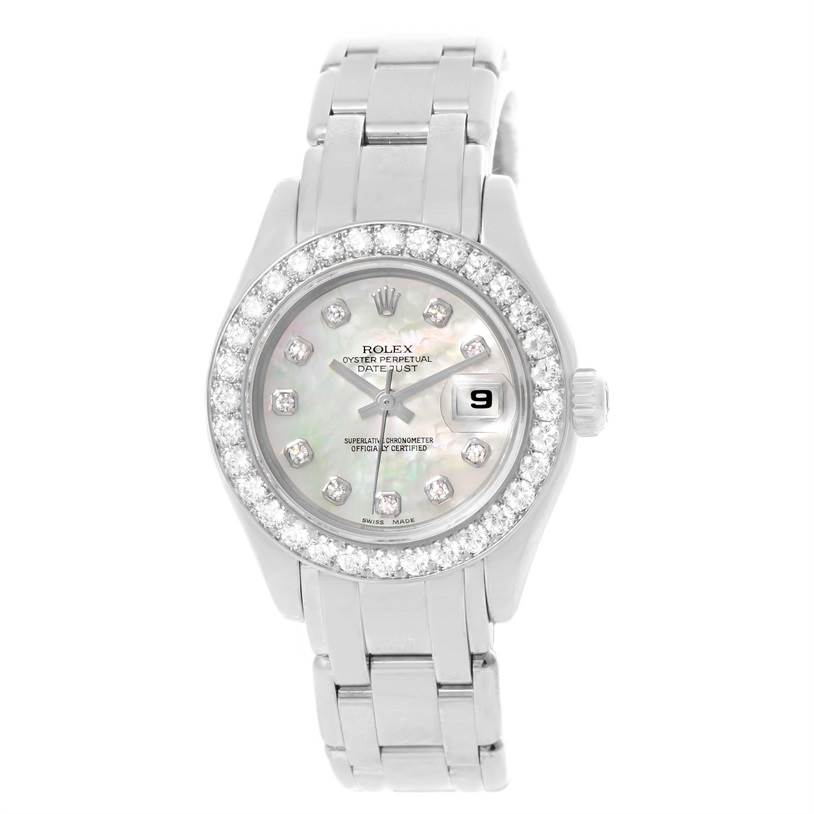 The image shows a front view of a Rolex Pearlmaster 80299 Women's White Gold Mother of Pearl Dial 80299 Women's White Gold Mother of Pearl Dial watch, displaying its face, band, and bezel.