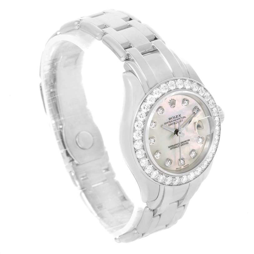 The Rolex Pearlmaster 80299 Women's White Gold Mother of Pearl Dial 80299 Women's White Gold Mother of Pearl Dial watch is shown from an angled view, highlighting the face, bezel, and part of the bracelet.
