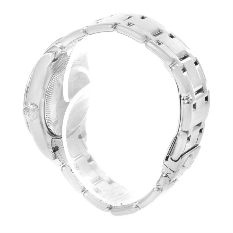 The image shows the side and underside of the Rolex Pearlmaster 80299 Women's White Gold Mother of Pearl Dial 80299 Women's White Gold Mother of Pearl Dial watch, highlighting its bracelet and case back.