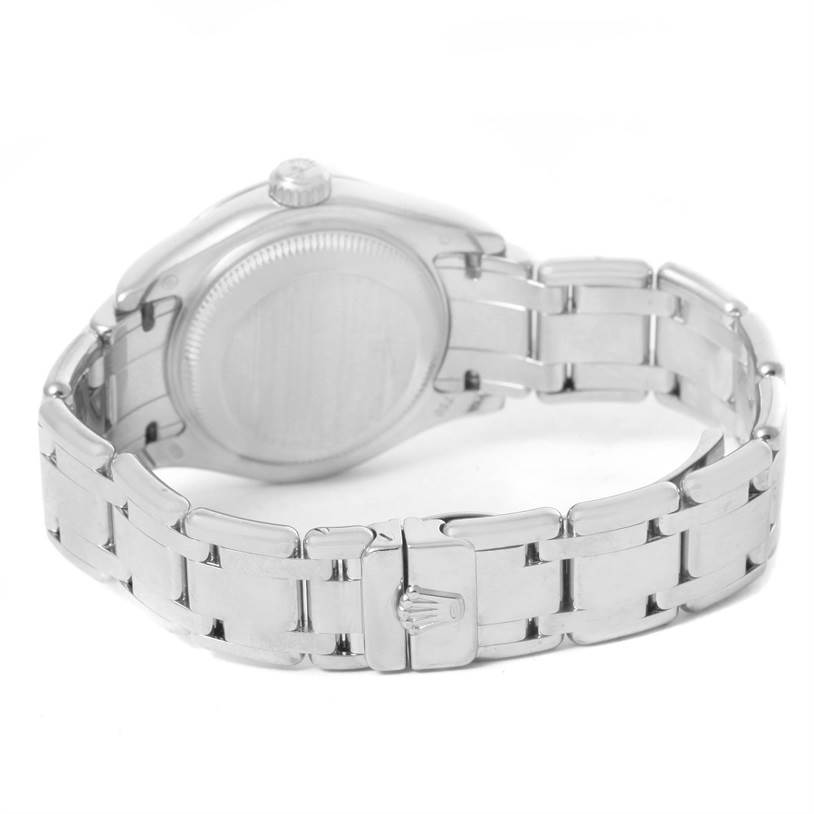 The image shows the back and clasp of a Rolex Pearlmaster 80299 Women's White Gold Mother of Pearl Dial 80299 Women's White Gold Mother of Pearl Dial watch at an angle highlighting the bracelet and case back.