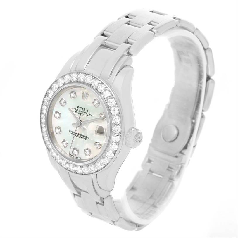 The image shows a Rolex Pearlmaster 80299 Women's White Gold Mother of Pearl Dial 80299 Women's White Gold Mother of Pearl Dial watch at a front-side angle, highlighting its dial, bezel, and bracelet.
