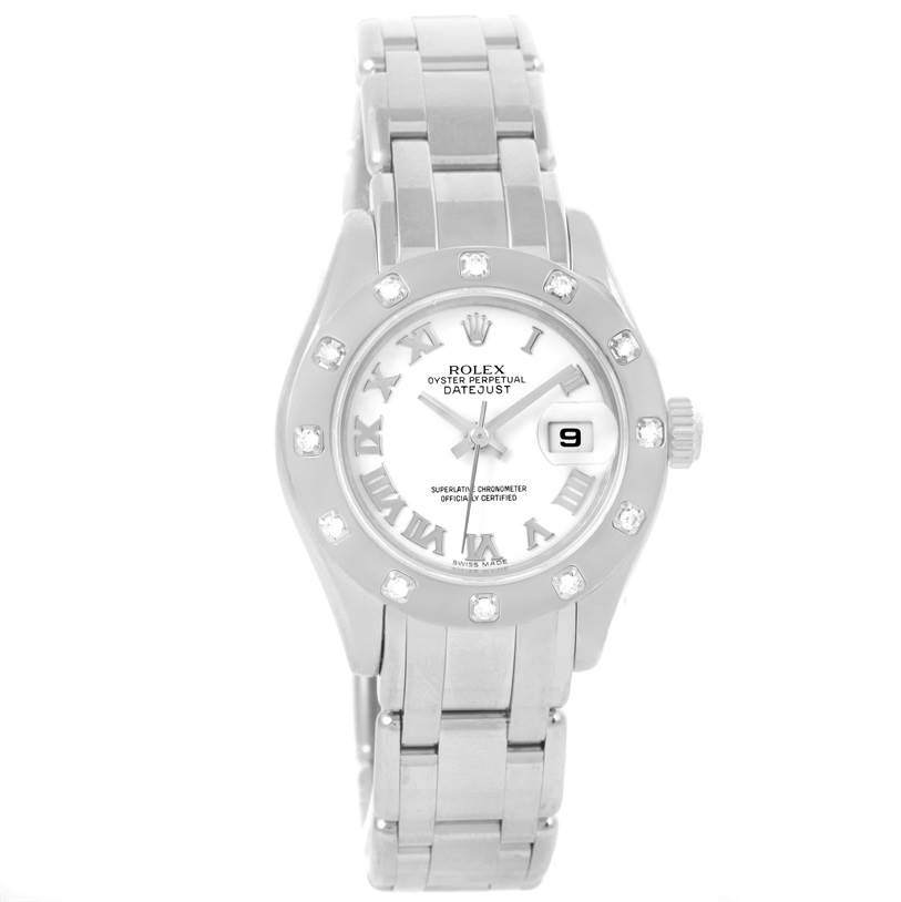 The image shows a frontal view of the Rolex Pearlmaster 80319 Women's White Gold White Dial 80319 Women's White Gold White Dial watch, highlighting its dial, bezel, and bracelet.