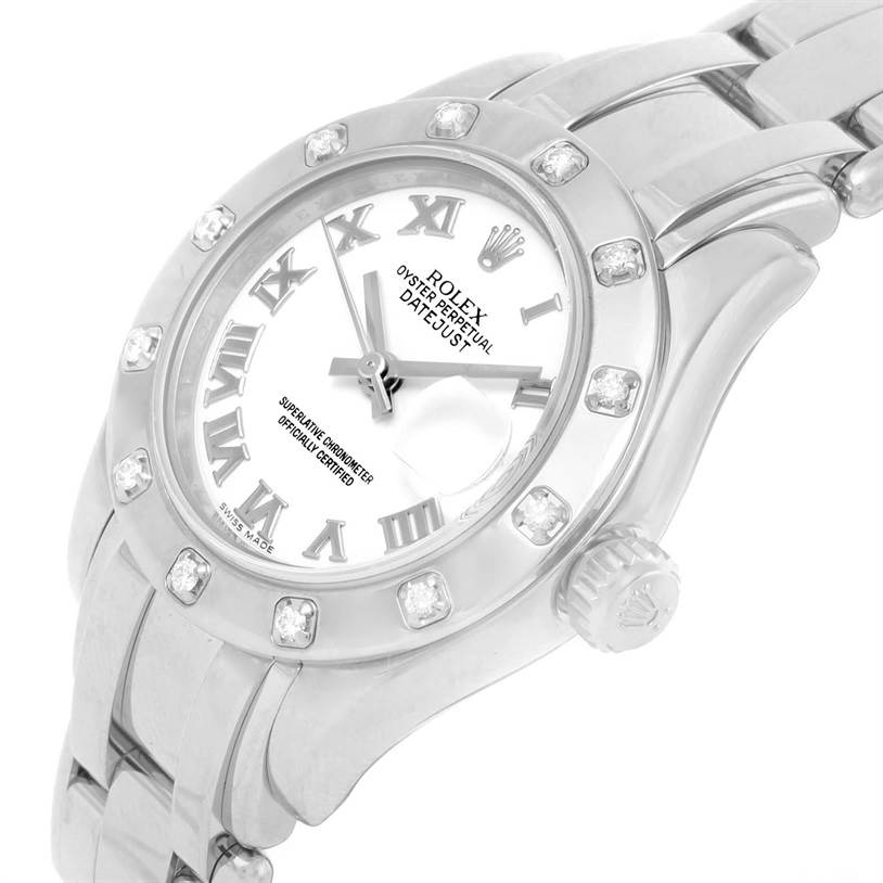 The image shows a close-up, three-quarter angle of the Rolex Pearlmaster 80319 Women's White Gold White Dial 80319 Women's White Gold White Dial model, highlighting its face, bezel, and part of the bracelet.