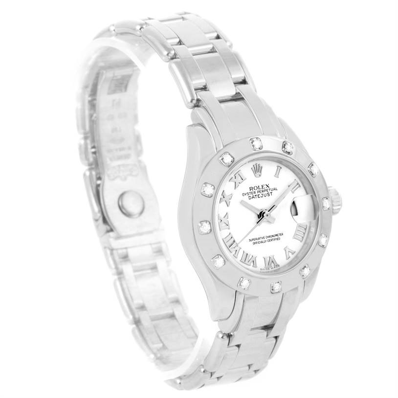 The image shows a side angle of a Rolex Pearlmaster 80319 Women's White Gold White Dial 80319 Women's White Gold White Dial watch, displaying its bracelet, dial, and case.