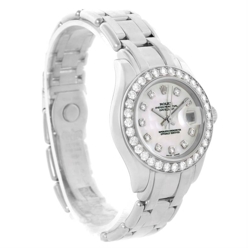 The image shows a side angle of a Rolex Pearlmaster 80299 Women's White Gold Mother of Pearl Dial 80299 Women's White Gold Mother of Pearl Dial watch, highlighting its face, bezel, and bracelet.
