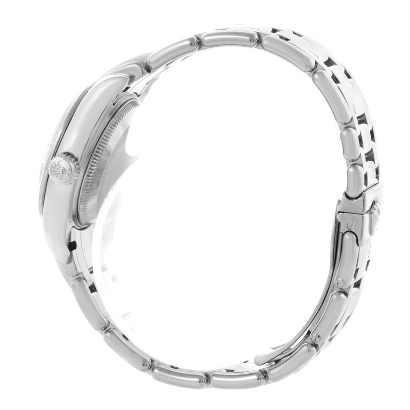 The image shows a side profile of a Rolex Pearlmaster 80299 Women's White Gold Mother of Pearl Dial 80299 Women's White Gold Mother of Pearl Dial watch, highlighting the bracelet and crown.