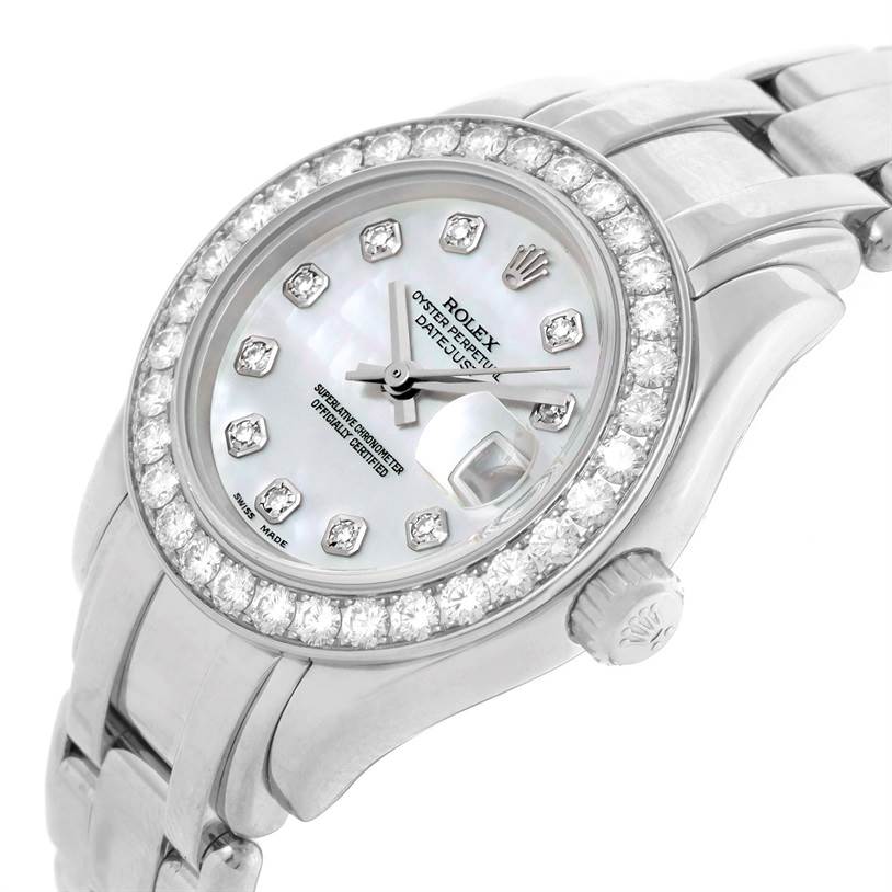 This image shows a close-up of a Rolex Pearlmaster 80299 Women's White Gold Mother of Pearl Dial 80299 Women's White Gold Mother of Pearl Dial watch, highlighting the bezel, dial, crown, and part of the bracelet.