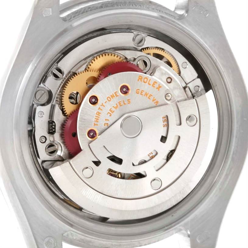 The image shows the internal mechanism of a Rolex Pearlmaster 80299 Women's White Gold Mother of Pearl Dial 80299 Women's White Gold Mother of Pearl Dial watch, including gears and the rotor.