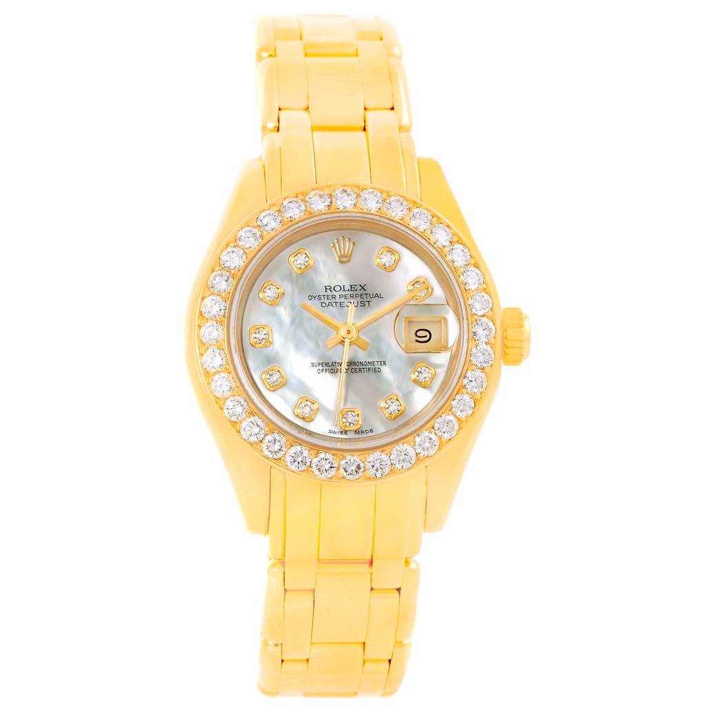 The image shows a front view of a Rolex Pearlmaster 69298 Women's Yellow Gold Mother of Pearl Dial 69298 Women's Yellow Gold Mother of Pearl Dial watch with its face, bezel, and bracelet visible.