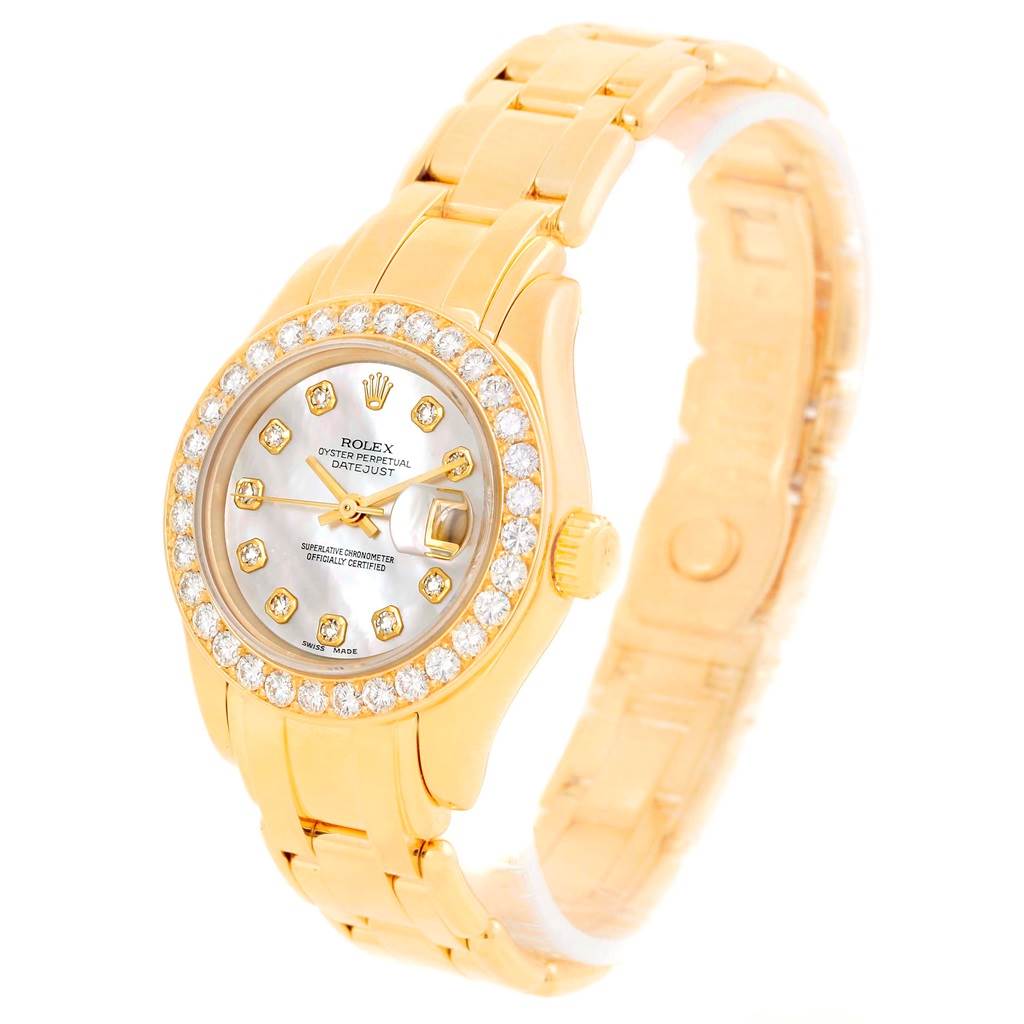 This image shows a Rolex Pearlmaster 69298 Women's Yellow Gold Mother of Pearl Dial 69298 Women's Yellow Gold Mother of Pearl Dial watch, viewed from an angled perspective highlighting the gold bracelet, bezel, and dial.