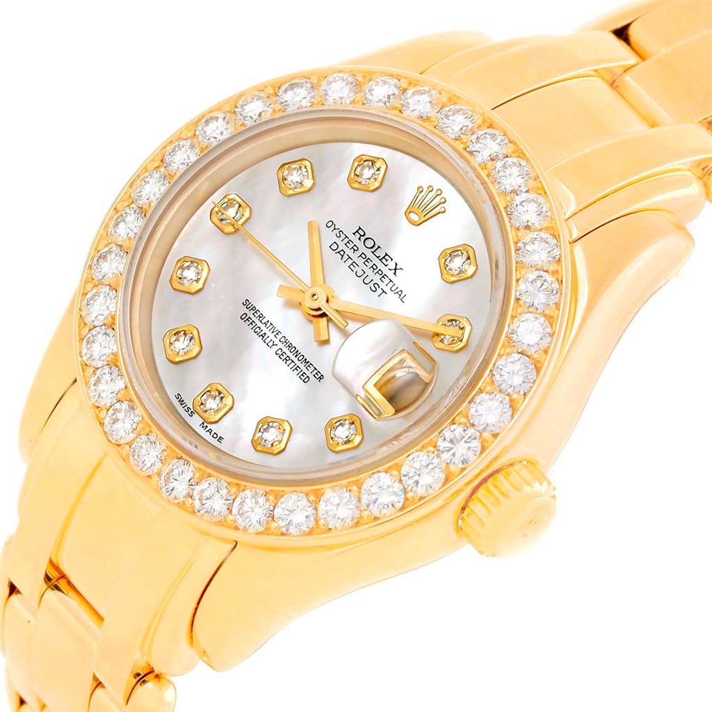 This image of a Rolex Pearlmaster 69298 Women's Yellow Gold Mother of Pearl Dial 69298 Women's Yellow Gold Mother of Pearl Dial watch shows a partial front angle highlighting the crystal-studded bezel, dial, and bracelet.