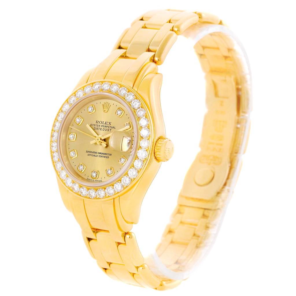 The Rolex Pearlmaster 69298 Women's Yellow Gold Champagne Dial 69298 Women's Yellow Gold Champagne Dial watch is shown at an angled perspective displaying its gold bracelet, diamond bezel, and dial.
