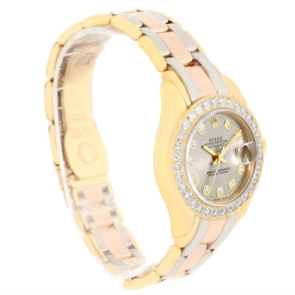 The image shows a Rolex Pearlmaster 80298 Women's Yellow Gold Silver Dial 80298 Women's Yellow Gold Silver Dial watch at a 3/4 angle, highlighting the band, bezel, dial, and crown.