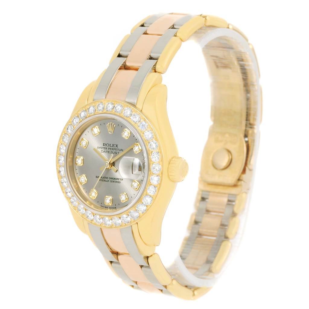 The Rolex Pearlmaster 80298 Women's Yellow Gold Silver Dial 80298 Women's Yellow Gold Silver Dial watch is shown at an angle displaying the face, bezel, case, and bracelet.