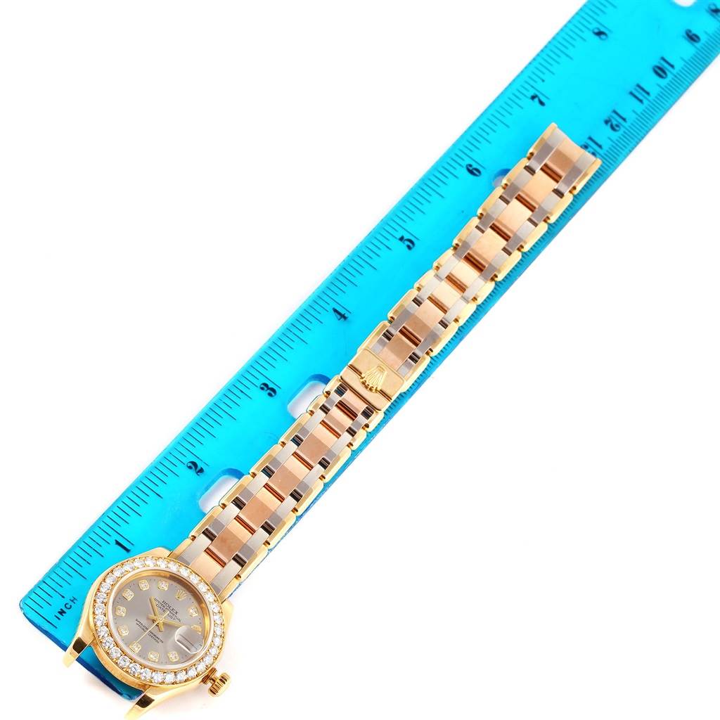 The image shows a Rolex Pearlmaster 80298 Women's Yellow Gold Silver Dial 80298 Women's Yellow Gold Silver Dial watch, including the face, bezel, and full bracelet, laid next to a ruler for measurement.