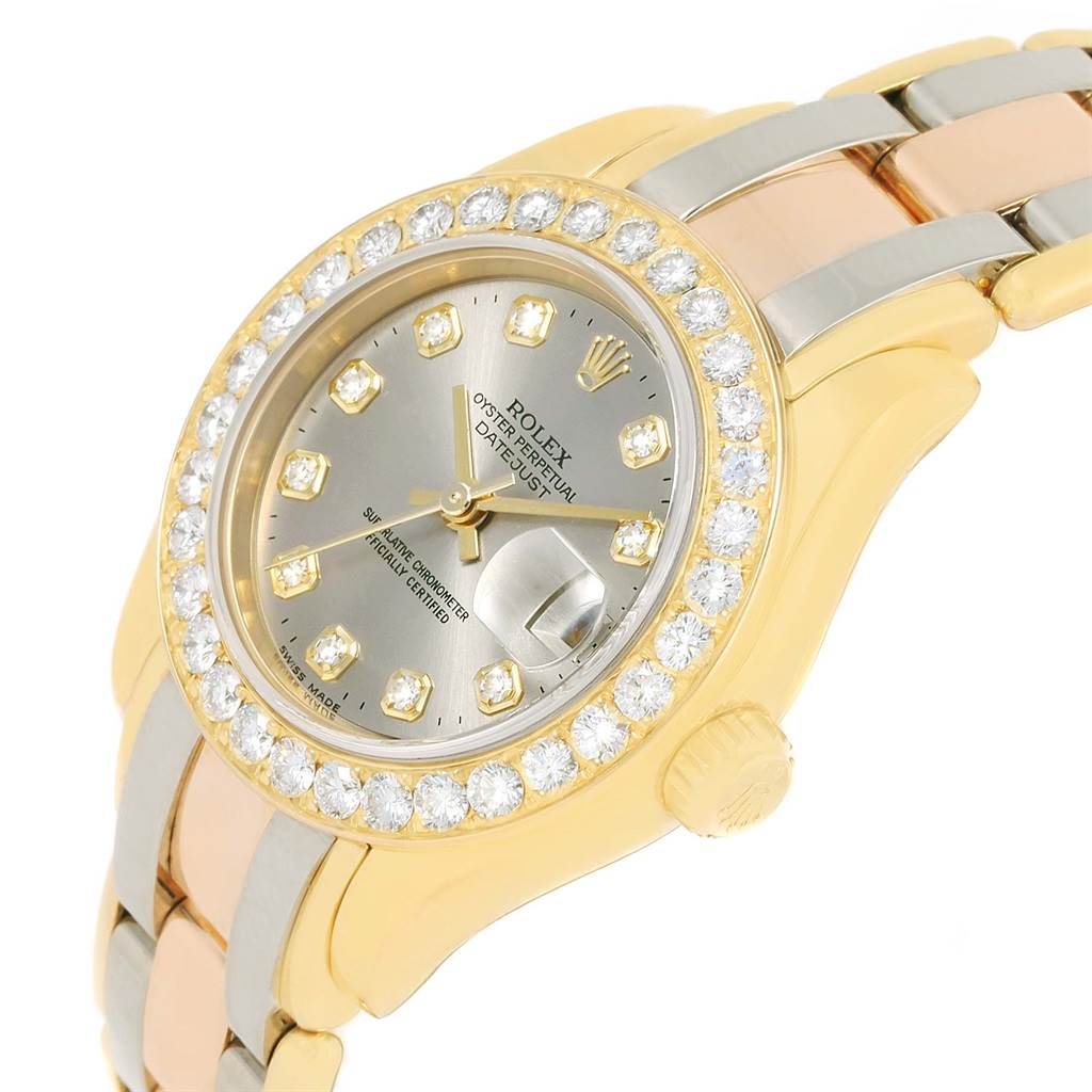The Rolex Pearlmaster 80298 Women's Yellow Gold Silver Dial 80298 Women's Yellow Gold Silver Dial watch is shown at a front angle, highlighting the dial, diamond bezel, and part of the band.