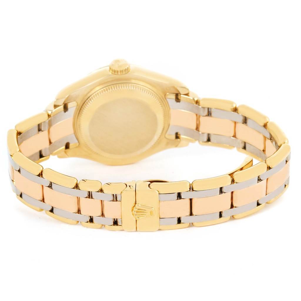 The image shows the back of a Rolex Pearlmaster 80298 Women's Yellow Gold Silver Dial 80298 Women's Yellow Gold Silver Dial watch, highlighting the bracelet and clasp.
