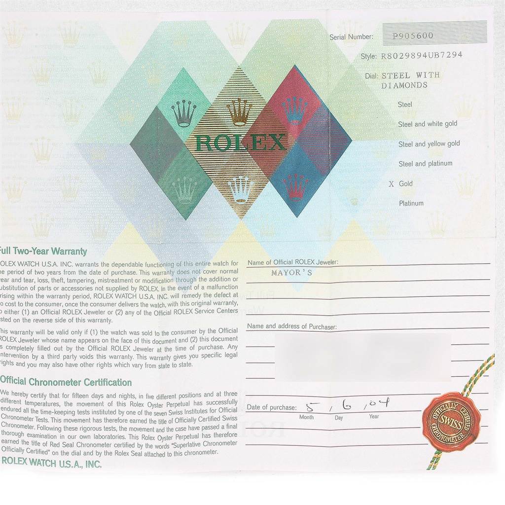 The image shows a warranty and chronometer certification document for a Rolex Pearlmaster 80298 Women's Yellow Gold Silver Dial 80298 Women's Yellow Gold Silver Dial watch.