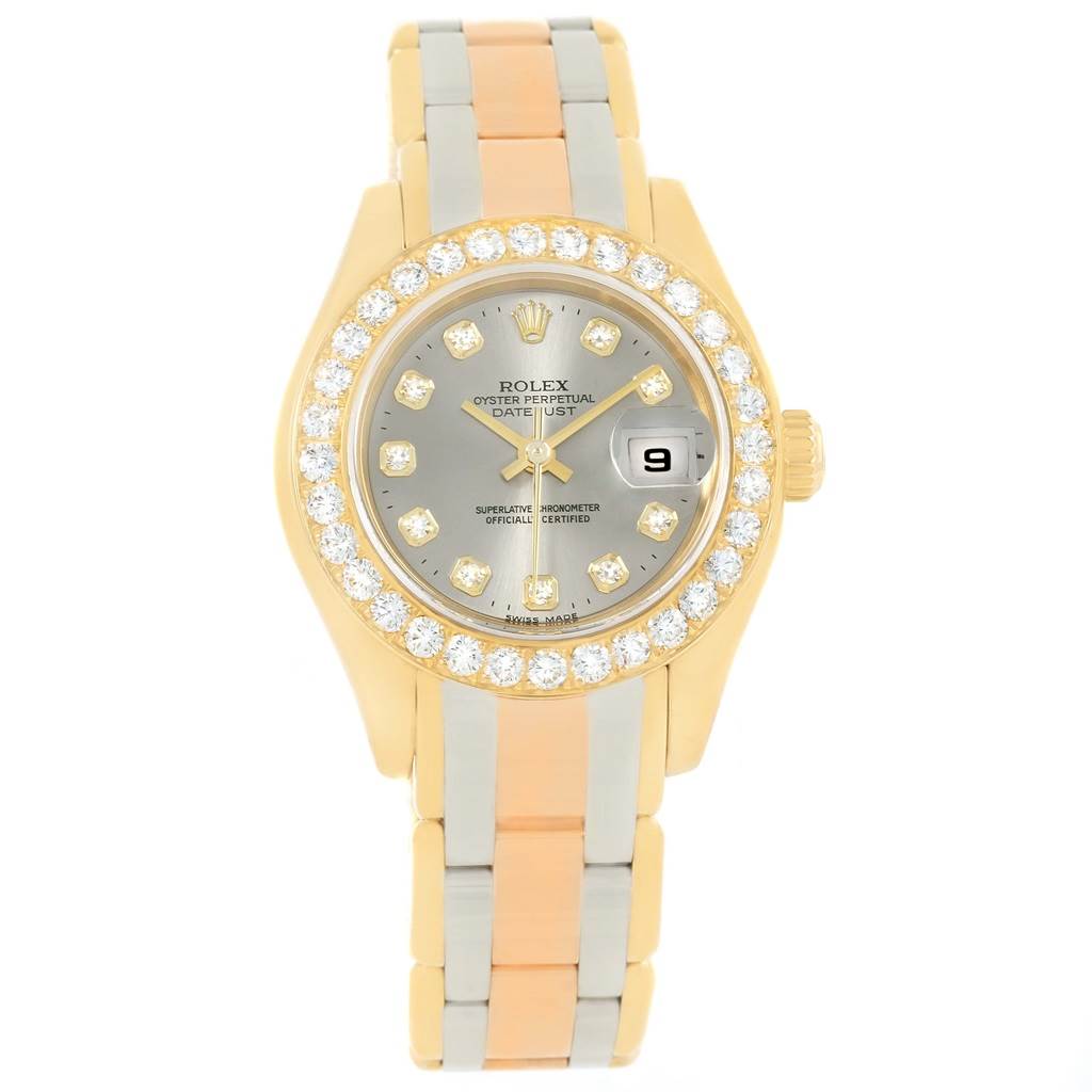 The Rolex Pearlmaster 80298 Women's Yellow Gold Silver Dial 80298 Women's Yellow Gold Silver Dial watch is shown from a top-down angle, displaying its face, bezel, and bracelet.