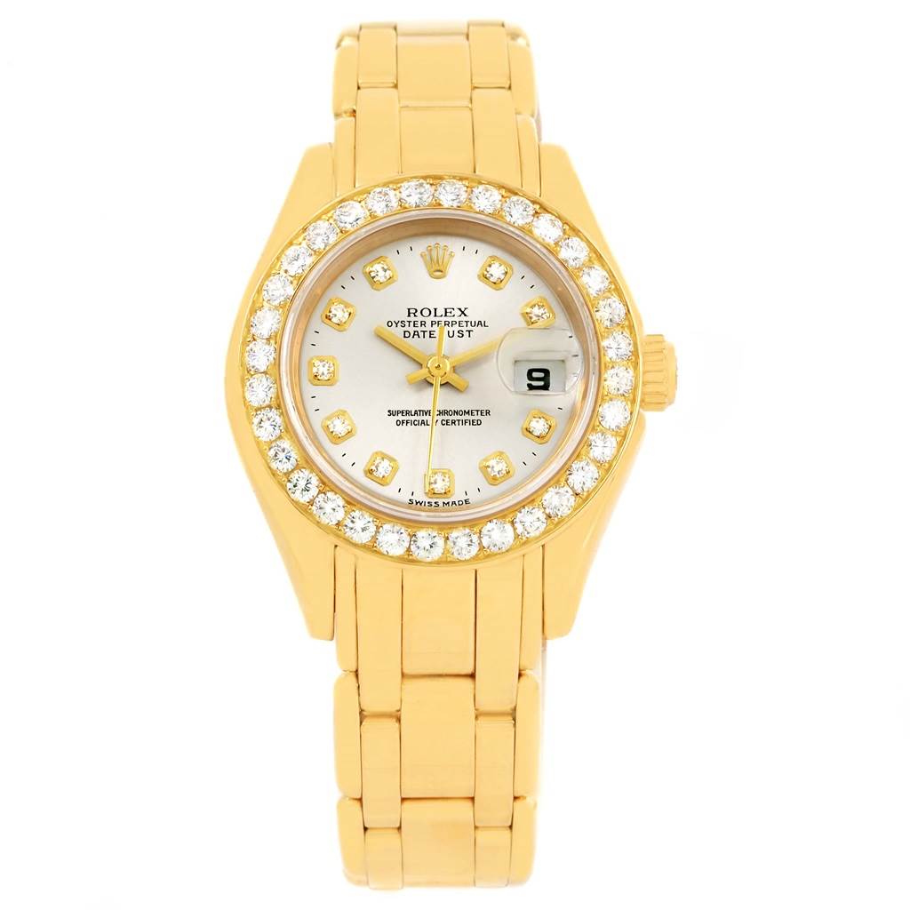 The image shows a front view of the Rolex Pearlmaster 69298 Women's Yellow Gold Silver Dial 69298 Women's Yellow Gold Silver Dial watch, highlighting its gold band and diamond-set bezel and dial.