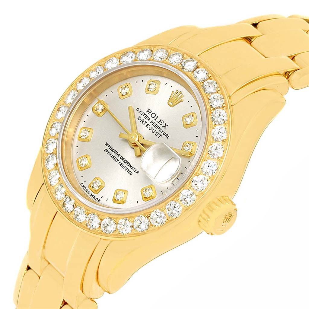 The image shows a Rolex Pearlmaster 69298 Women's Yellow Gold Silver Dial 69298 Women's Yellow Gold Silver Dial watch at a slight angle, highlighting the diamond-encrusted bezel, dial, and a portion of the bracelet.