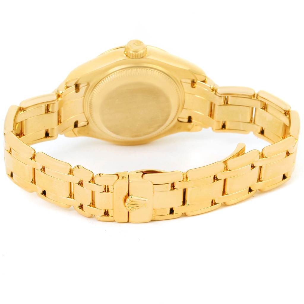 This image shows the back view of a Rolex Pearlmaster 69298 Women's Yellow Gold Silver Dial 69298 Women's Yellow Gold Silver Dial watch, focusing on the bracelet and case back.