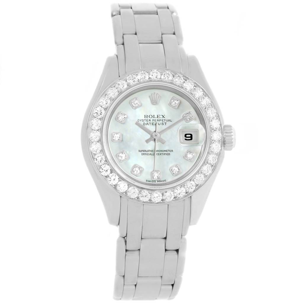 The Rolex Pearlmaster 69298 Women's White Gold Mother of Pearl Dial 69298 Women's White Gold Mother of Pearl Dial watch is shown from a top-down angle, highlighting its face, bezel, and bracelet.