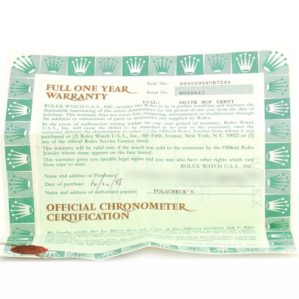 The image shows the official chronometer certification and warranty card for the Rolex Pearlmaster 69298 Women's White Gold Mother of Pearl Dial 69298 Women's White Gold Mother of Pearl Dial watch.