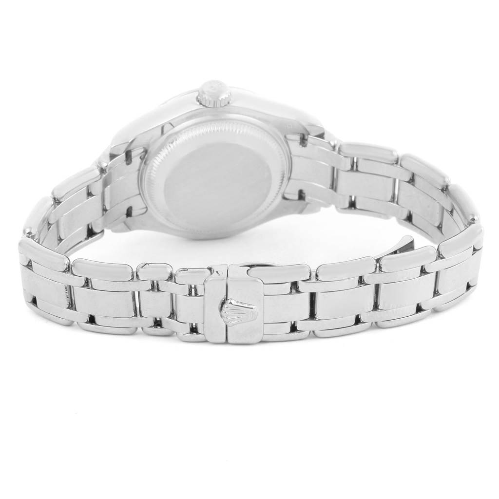 The image shows the back view of the Rolex Pearlmaster 69298 Women's White Gold Mother of Pearl Dial 69298 Women's White Gold Mother of Pearl Dial watch, highlighting the bracelet and the clasp.