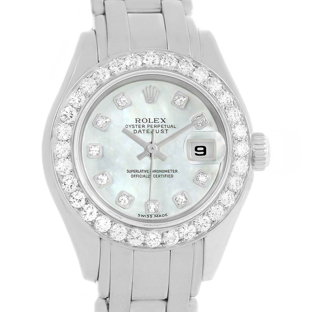 This image shows a front view of the Rolex Pearlmaster 69298 Women's White Gold Mother of Pearl Dial 69298 Women's White Gold Mother of Pearl Dial watch, highlighting its diamond-studded bezel, dial, and date display.
