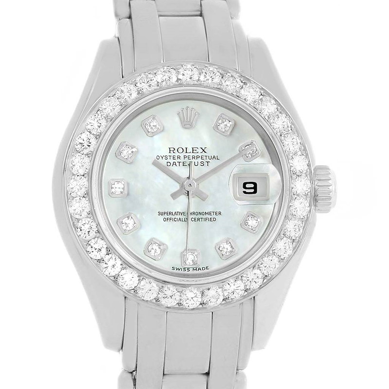 Rolex Pearlmaster 18K White Gold MOP Diamond Dial Bezel Watch 69299 SwissWatchExpo