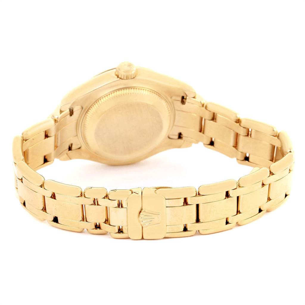 This image shows the back and side profile of the Rolex Pearlmaster 69298 Women
s Yellow Gold Mother of Pearl Dial 69298 Women
s Yellow Gold Mother of Pearl Dial watch, highlighting its bracelet and clasp.
